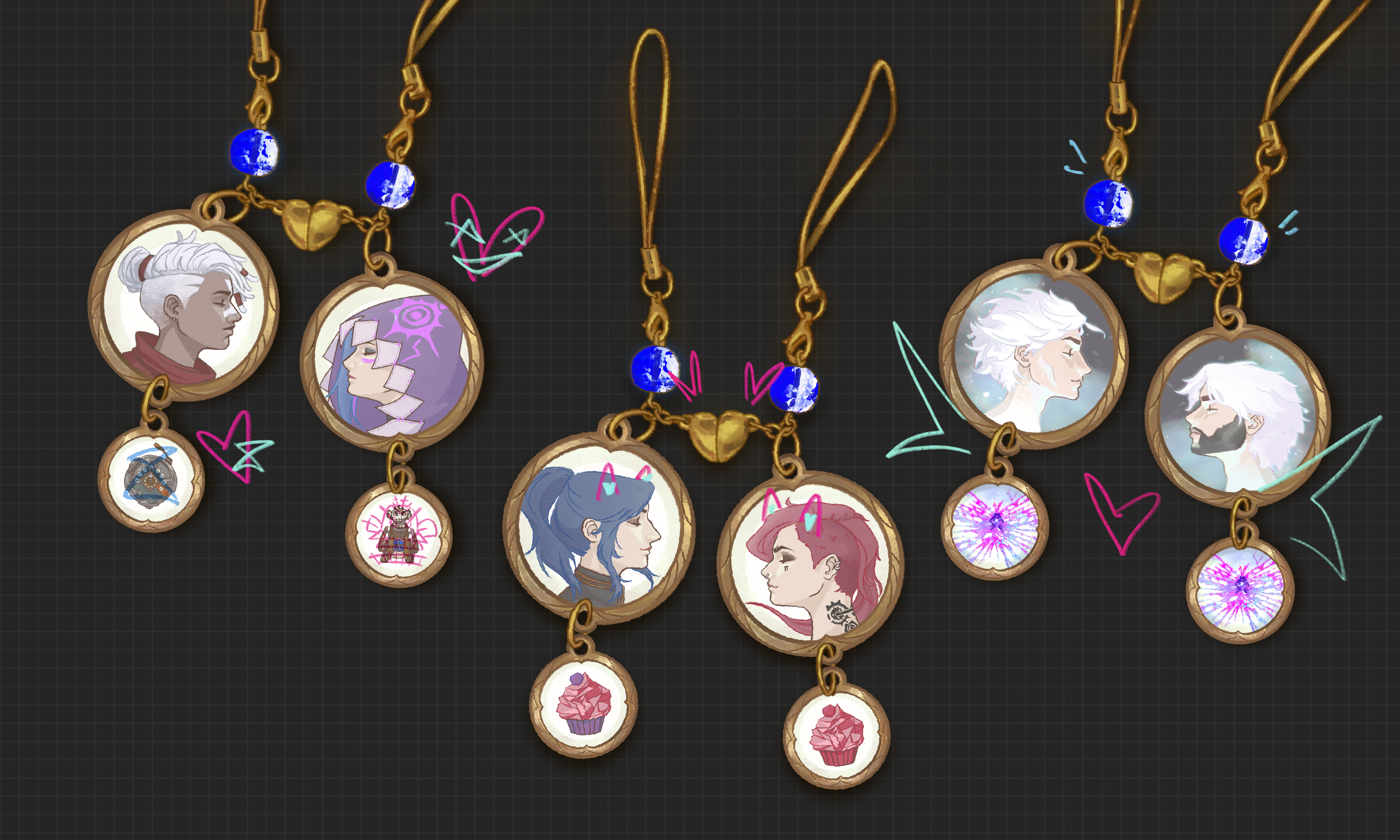 an illustration banner of the arcane phone charms featuring caitvi (caitlyn and vi), timebomb (jinx and ekko), and jayvik (jayce and viktor) from the popular show- arcane.